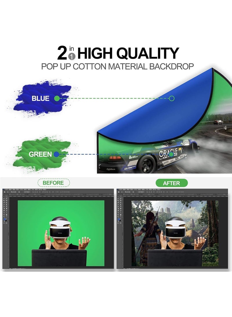 eWINNER 3.3 x 5ft/100 x 150cm Portable Screen Backdrop Blue Green 2-in-1 Collapsible Green Screen Kit w/Carrying Case for Studio Photography/Streaming/Gaming Video Conference Live Stream - Image 2